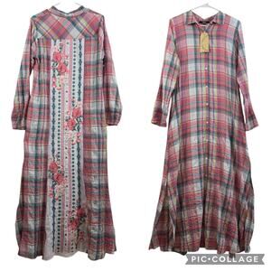 Andree By Unit NWT Plaid Floral Embroidered Maxi Shirt Dress Small 100% Cotton